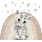 Pastelowe Kissa sateenkaarella ja sydämillä -sisustustarra, ruskea/harmaa
