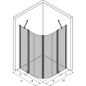 Hietakari Infinia 276 (224x224) kaareva suihkunurkka kääntyvillä ovilla joissa kiinteät osat