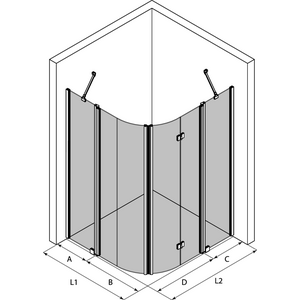 Hietakari Infinia 277 (224x225) kaareva suihkunurkka kääntyvällä ja taittuvalla ovella joissa kiinteät osat