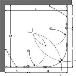 Hietakari Infinia 278 (225x225) kaareva suihkunurkka taittuvilla ovilla joissa kiinteät osat