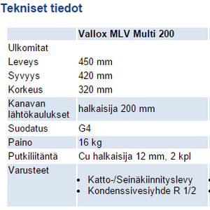 Vallox MLV Multi 200 patteriyksikkö lämmitykseen ja viilennykseen