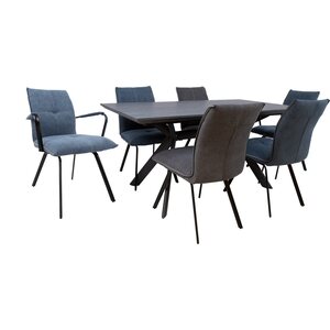 Home4you Ruokailuryhmä EDDY-2 pöytä + 6 tuolia, metallijalat, melamiinikansi, kangasverhoilu, jatkopalalla, musta/sininen