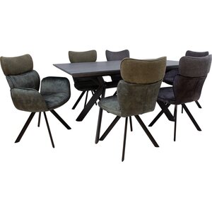 Home4you Ruokailuryhmä EDDY-2 pöytä + 6 tuolia, metallijalat, melamiinikansi, samettiverhoilu, jatkopalalla, musta/tummanvihreä