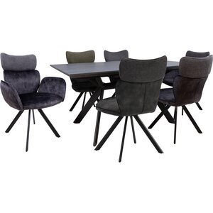 Home4you Ruokailuryhmä EDDY-2 pöytä + 6 tuolia, metallijalat, melamiinikansi, samettiverhoilu, jatkopalalla, musta/tummanharmaa