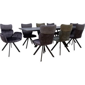 Home4you Ruokailuryhmä EDDY-2 pöytä + 8 tuolia, metallijalat, melamiinikansi, samettiverhoilu, jatkopalalla, musta/tummanharmaa