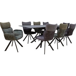 Home4you Ruokailuryhmä EDDY pöytä + 8 tuolia, metallijalat, kivikansi, samettiverhoilu, jatkopalalla, musta/tummanvihreä