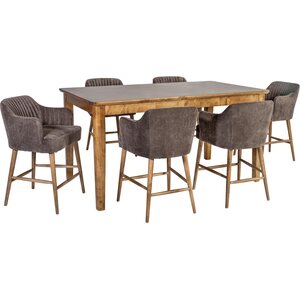 Home4you Baariryhmä THOMAS pöytä + 6 tuolia, puurunko, samettiverhoilu, harmaa/ruskea