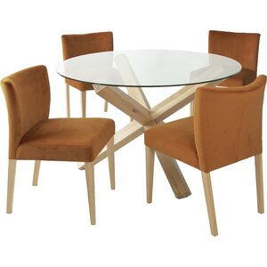 Ruokailuryhmä TURIN pöytä + 4 tuolia, tammijalat, lasikansi, samettiverhoilu, ruskea/oranssi