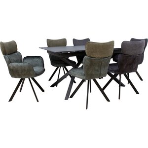 Home4you Ruokailuryhmä EDDY pöytä + 6 tuolia, metallijalat, kivikansi, samettiverhoilu, jatkopalalla, musta/tummanvihreä