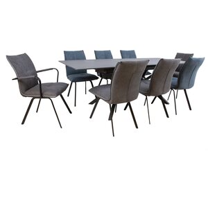 Home4you Ruokailuryhmä EDDY pöytä + 8 tuolia, metallijalat, kivikansi, kangasverhoilu, jatkopalalla, musta/harmaa