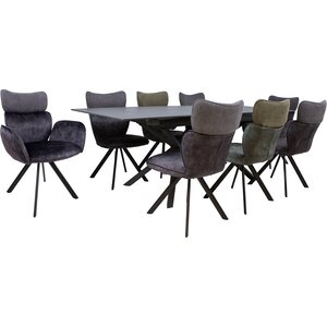 Ruokailuryhmä EDDY pöytä + 8 tuolia, metallijalat, kivikansi, samettiverhoilu, jatkopalalla, musta/tummanharmaa