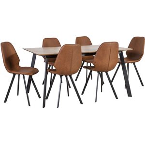 Home4you Ruokailuryhmä HELENA pöytä + 6 tuolia, metallijalat, viilutettu, ruskea/musta