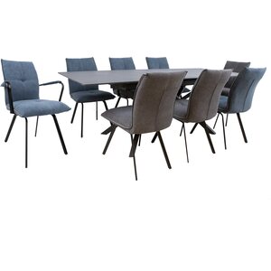 Ruokailuryhmä EDDY pöytä + 8 tuolia, metallijalat, kivikansi, kangasverhoilu, jatkopalalla, musta/sininen