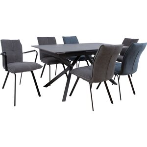 Ruokailuryhmä EDDY pöytä + 6 tuolia, metallijalat, kivikansi, kangasverhoilu, jatkopalalla, musta/harmaa