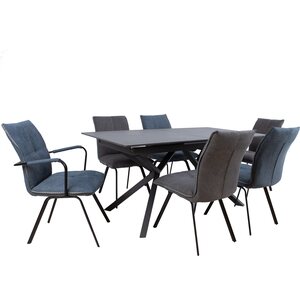 Ruokailuryhmä EDDY pöytä + 6 tuolia, metallijalat, kivikansi, kangasverhoilu, jatkopalalla, musta/sininen