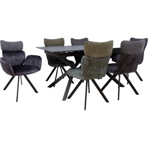 Ruokailuryhmä EDDY pöytä + 6 tuolia, metallijalat, kivikansi, samettiverhoilu, jatkopalalla, musta/tummanharmaa