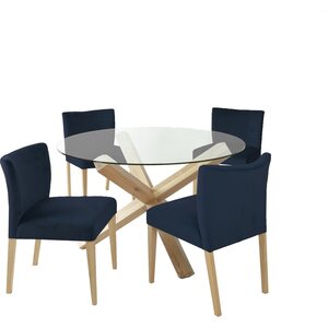 Ruokailuryhmä TURIN pöytä + 4 tuolia, tammirunko, lasikansi, tummansininen