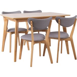 Ruokailuryhmä JONNA pöytä + 4 tuolia kumipuurunko, tammiviilutettu, kangasverhoilu, jatkopalalla, ruskea/harmaa
