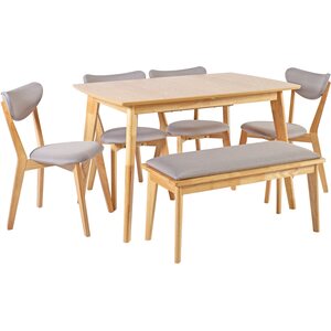 Home4you Ruokailuryhmä JONNA pöytä + 4 tuolia ja penkillä, kumipuurunko, tammiviilutettu, kangasverhoilu, jatkopalalla, ruskea/harmaa