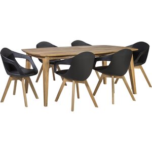 Ruokailuryhmä RETRO pöytä + 6 tuolia, tammijalat, keinonahkaa, käsinojilla, ruskea/musta