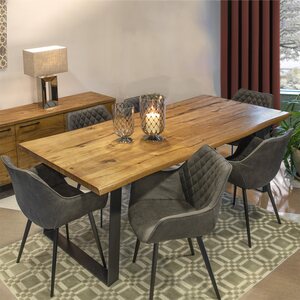 Ruokailuryhmä ROTTERDAM pöytä + 6 tuolia, metallijalat, tammiviilutettu, käsinojilla, ruskea/tummanharmaa