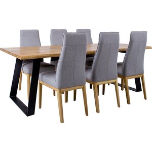 Ruokailuryhmä ROTTERDAM pöytä + 6 tuolia, puuta/metallia, viilutettu, korkea selkä, harmaa
