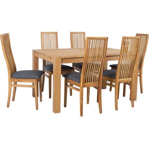Ruokailuryhmä CHICAGO NEW 140cm pöytä + 6 tuolia, tammiviilutettu, kangasverhoilu, jatkettava, ruskea/tummanharmaa