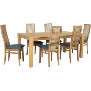 Ruokailuryhmä CHICAGO NEW 180cm pöytä + 6 tuolia, tammiviilutettu, kangasverhoilu, jatkettava, ruskea/tummanharmaa