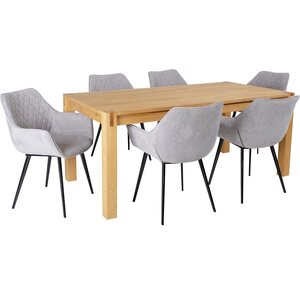 Ruokailuryhmä CHICAGO NEW pöytä + 6 tuolia, tammiviilutettu, kuppituolit, jatkettava, ruskea/vaaleanharmaa