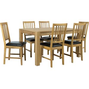 Home4you Ruokailuryhmä CHICAGO NEW pöytä + 6 tuolia, tammirviilutettu, jatkettava, keinonahkaa, ruskea/musta