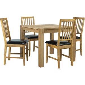 Ruokailuryhmä CHICAGO NEW 90cm pöytä + 4 tuolia, tammiviilutettu, keinonahkaa, jatkettava, ruskea/musta