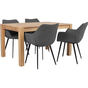 Ruokailuryhmä CHICAGO NEW pöytä + 4 tuolia, tammiviilutettu, kuppituolit, jatkettava, ruskea/tummanharmaa