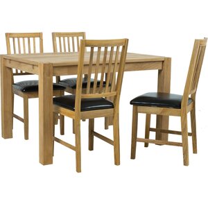 Home4you Ruokailuryhmä CHICAGO NEW 120cm pöytä + 4 tuolia, tammiviilutettu, keinonahkaa, jatkettava, ruskea/musta