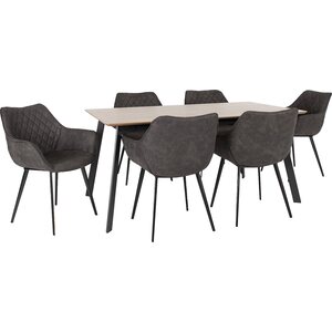 Home4you Ruokailuryhmä HELENA pöytä + 6 tuolia, metallijalat, viilutettu, grafiitti/musta