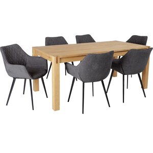 Ruokailuryhmä CHICAGO NEW pöytä + 6 tuolia, tammiviilutettu, kuppituolit, jatkettava, ruskea/tummanharmaa