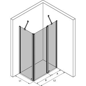 Hietakari Infinia 253 (211x214) Suihkunurkka kiinteällä seinällä ja kääntyvällä ovella jossa kiinteä osa