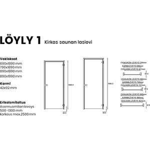 Vihtan Saunan lasiovi Löyly kirkas lasi