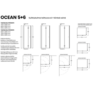 Vihtan Suihkukulma OCEAN 5+6 taittuvalla ovella ja kiinteällä seinällä