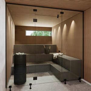 Vihtan Saunan lasiseinä 1 ovi + ylälasi + 2 sivulasia rst-jaloilla grey glass