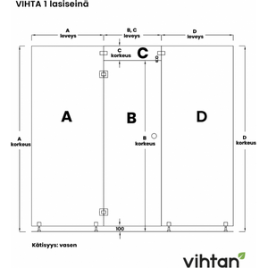 Vihtan Saunan lasiseinä 1 ovi + ylälasi + 2 sivulasia rst-jaloilla black glass