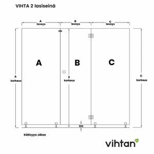 Vihtan Saunan lasiseinä 2 ovi + 2 sivulasia rst-jaloilla clear glass