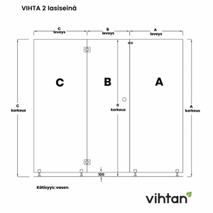Vihtan Saunan lasiseinä 2 ovi + 2 sivulasia rst-jaloilla clear glass
