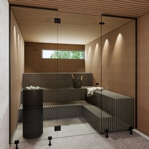 Vihtan Saunan lasiseinä 2 ovi + 2 sivulasia rst-jaloilla grey glass