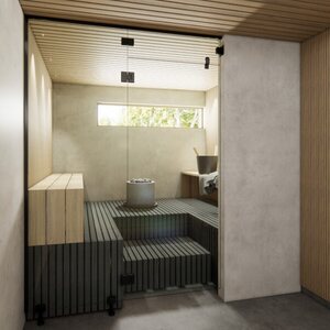 Vihtan Saunan lasiseinä 3 ovi + ylälasi + sivulasi rst-jaloilla grey glass