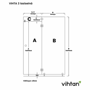 Vihtan Saunan lasiseinä 3 ovi + ylälasi + sivulasi rst-jaloilla grey glass