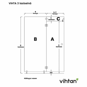 Vihtan Saunan lasiseinä 3 ovi + ylälasi + sivulasi rst-jaloilla grey glass