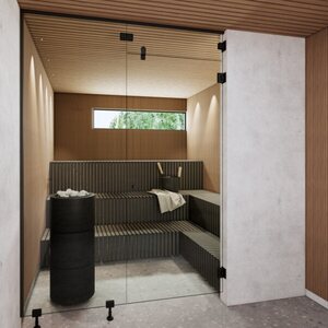 Vihtan Saunan lasiseinä 5 ovi + ylälasi + sivulasi rst-jaloilla grey glass
