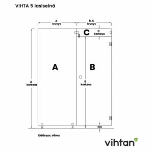 Vihtan Saunan lasiseinä 5 ovi + ylälasi + sivulasi rst-jaloilla clear väritön glass