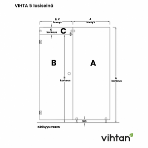 Vihtan Saunan lasiseinä 5 ovi + ylälasi + sivulasi rst-jaloilla clear väritön glass