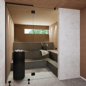 Vihtan Saunan lasiseinä 4 ovi + sivulasi rst-jaloilla grey glass